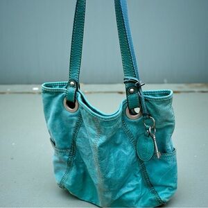 Fossil Teal Leather Tote Bag